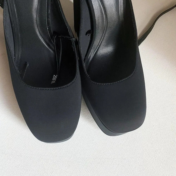 NWT Black Chunky Platform Nylon Ankle Wrap Closure heels 40 - Picture 10 of 11